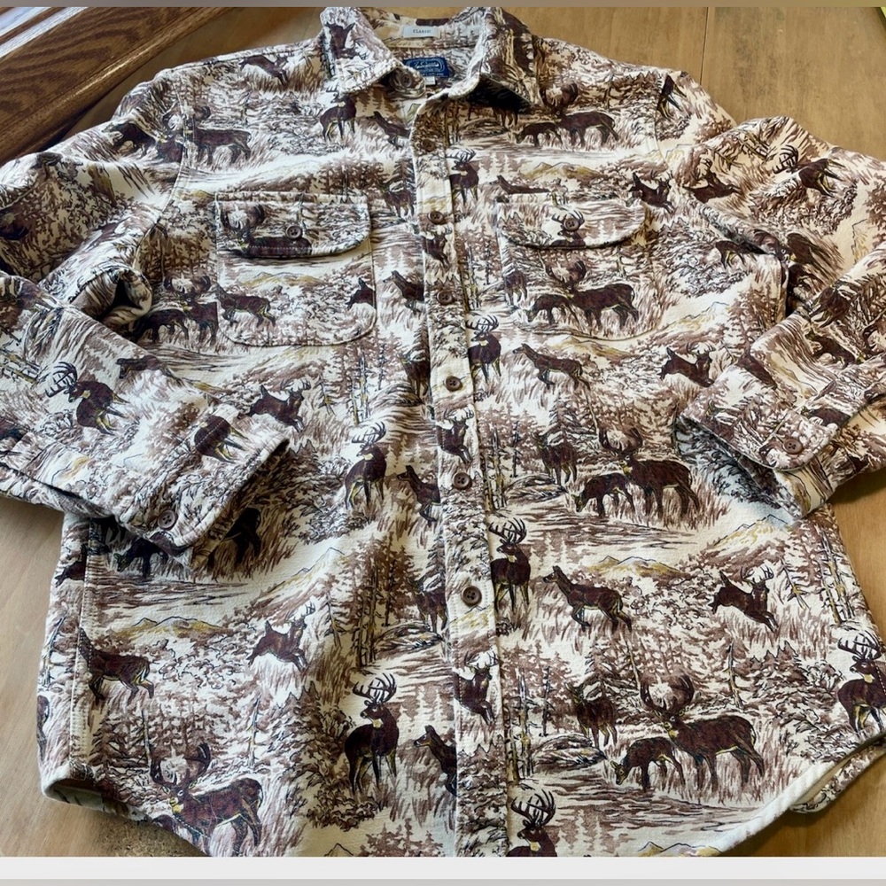 J.Crew Deer Print Chamois Rare Shacket Brown Outdoors Sportsman Hunting L - Picture 3 of 9